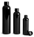 PET Plastic Bottles, Black Cosmo Round Bottles w/ Black Smooth Lined Caps