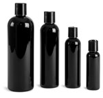 PET Plastic Bottles, Black Cosmo Round Bottles w/ Black Disc Top Caps