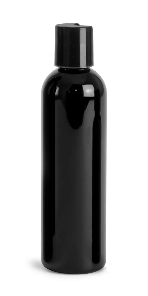 4 oz Black PET Cosmo Round Bottles w/ Black Disc Top Caps