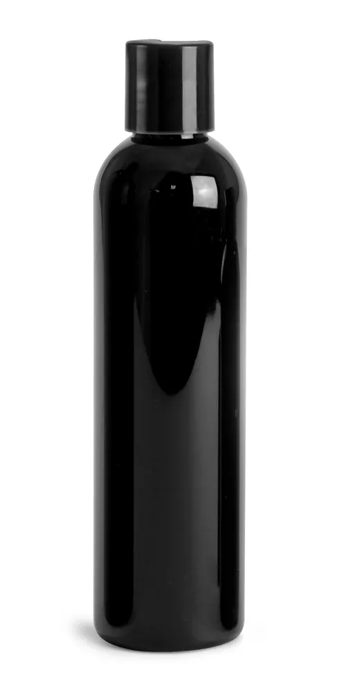 8 oz Black PET Cosmo Round Bottles w/ Black Disc Top Caps