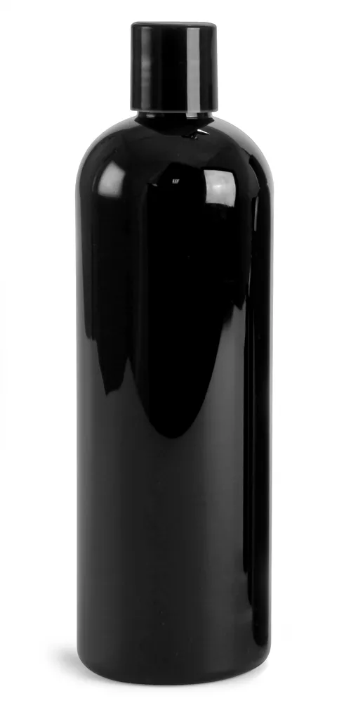 16 oz Black PET Cosmo Round Bottles w/ Black Disc Top Caps