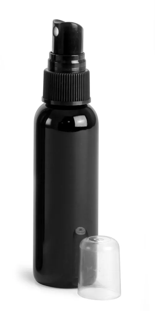 2 oz Black PET Cosmo Round Bottles w/ Black Sprayers