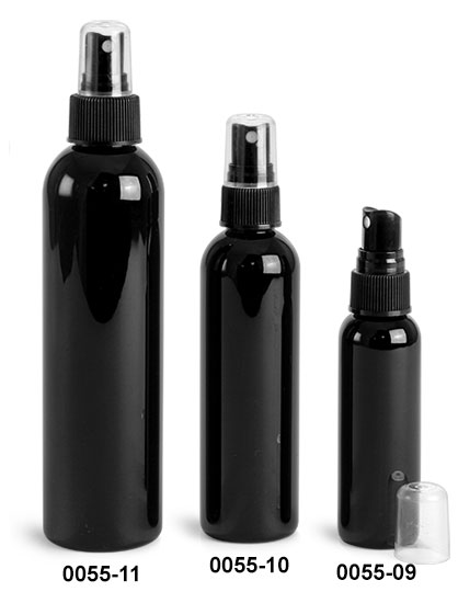 Plastic Bottles, Black PET Cosmo Round Bottles w/ Black Sprayers