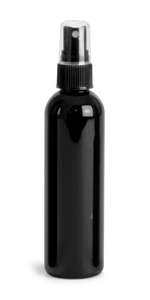 4 oz Black PET Cosmo Round Bottles w/ Black Sprayers