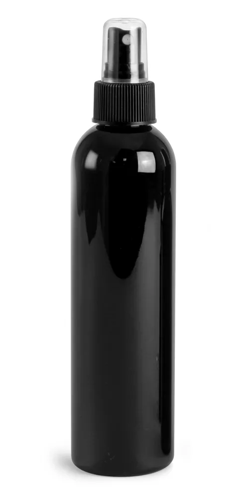 8 oz Black PET Cosmo Round Bottles w/ Black Sprayers