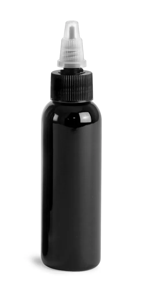 2 oz Black PET Cosmo Round Bottles w/ Black / Natural Twist Top Caps