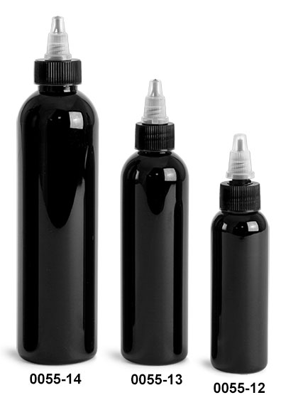 Plastic Bottles, Black PET Cosmo Round Bottles w/ Black / Natural Twist Top Caps