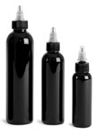 PET Plastic Bottles, Black Cosmo Round Bottles w/ Black / Natural Twist Top Caps