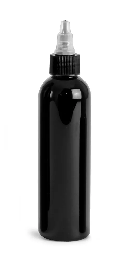 4 oz Black PET Cosmo Round Bottles w/ Black / Natural Twist Top Caps