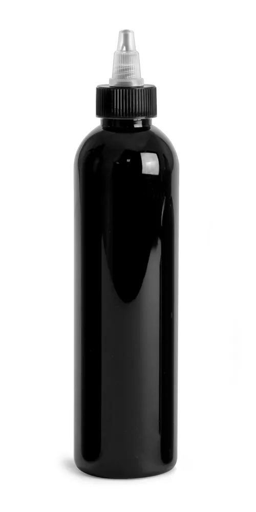 8 oz Black PET Cosmo Round Bottles w/ Black / Natural Twist Top Caps