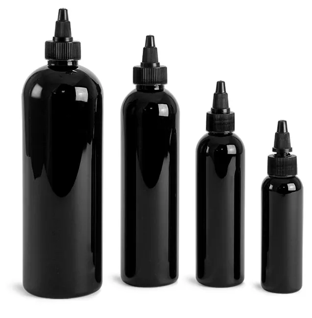 PET Plastic Bottles, Black Cosmo Round Bottles w/ Black Twist Top Caps