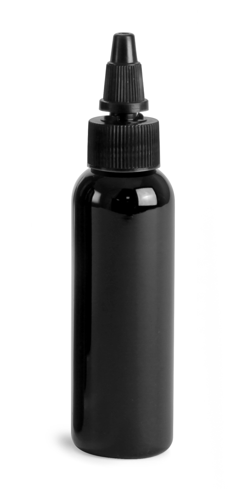 2 oz Black PET Cosmo Round Bottles w/ Black Twist Top Caps