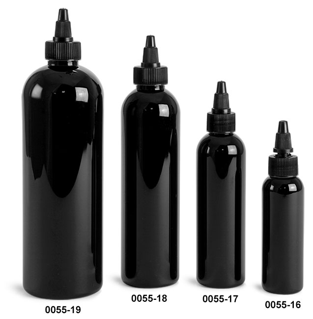 Plastic Bottles, Black PET Cosmo Round Bottles w/ Black Twist Top Caps