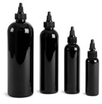 PET Plastic Bottles, Black Cosmo Round Bottles w/ Black Twist Top Caps