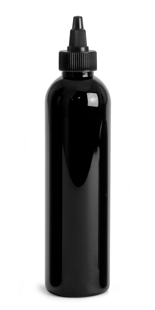 8 oz Black PET Cosmo Round Bottles w/ Black Twist Top Caps