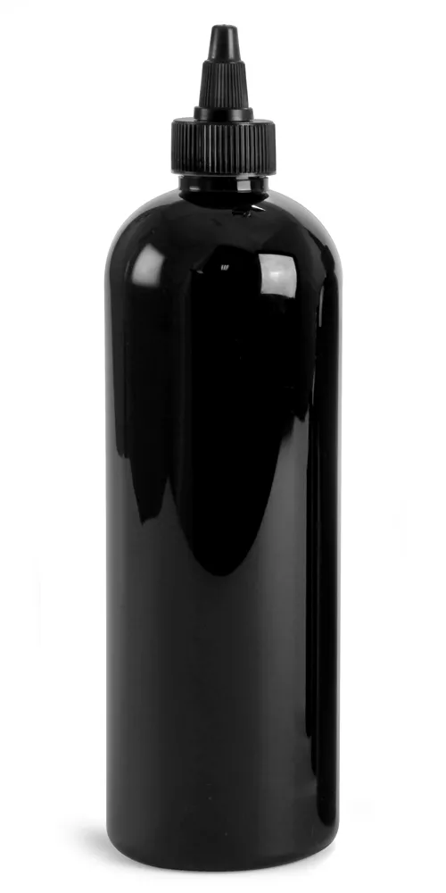 16 oz Black PET Cosmo Round Bottles w/ Black Twist Top Caps