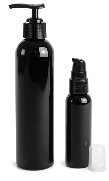 Black PET Cosmo Round Bottles w/ Black Treatment Pumps