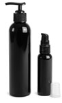 PET Plastic Bottles, Black Cosmo Round Bottles w/ Black Lotion Pumps
