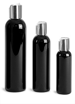 Plastic Bottles, Black PET Cosmo Round Bottles w/ Silver Disc Top Caps