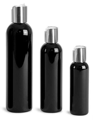 PET Plastic Bottles, Black Cosmo Round Bottles w/ Silver Disc Top Caps
