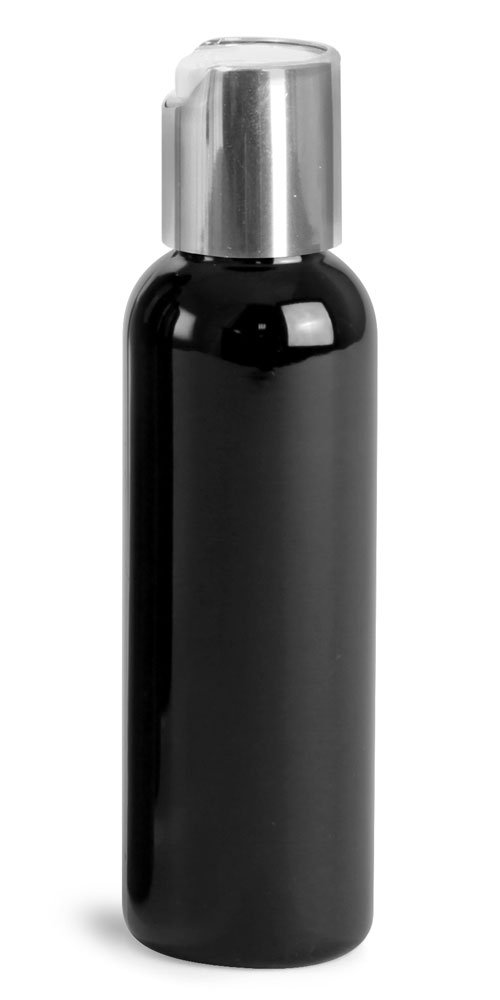 2 oz Plastic Bottles, Black PET Cosmo Rounds w/ Silver Disc Top Caps