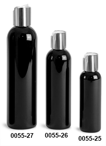 Plastic Bottles, Black PET Cosmo Round Bottles w/ Silver Disc Top Caps