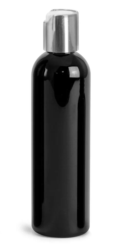 4 oz Plastic Bottles, Black PET Cosmo Rounds w/ Silver Disc Top Caps