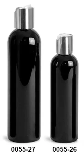 8 oz Plastic Bottles, Black PET Cosmo Rounds w/ Silver Disc Top Caps