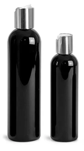 PET  Black Cosmo Round Bottles w/ Silver Disc Top Caps