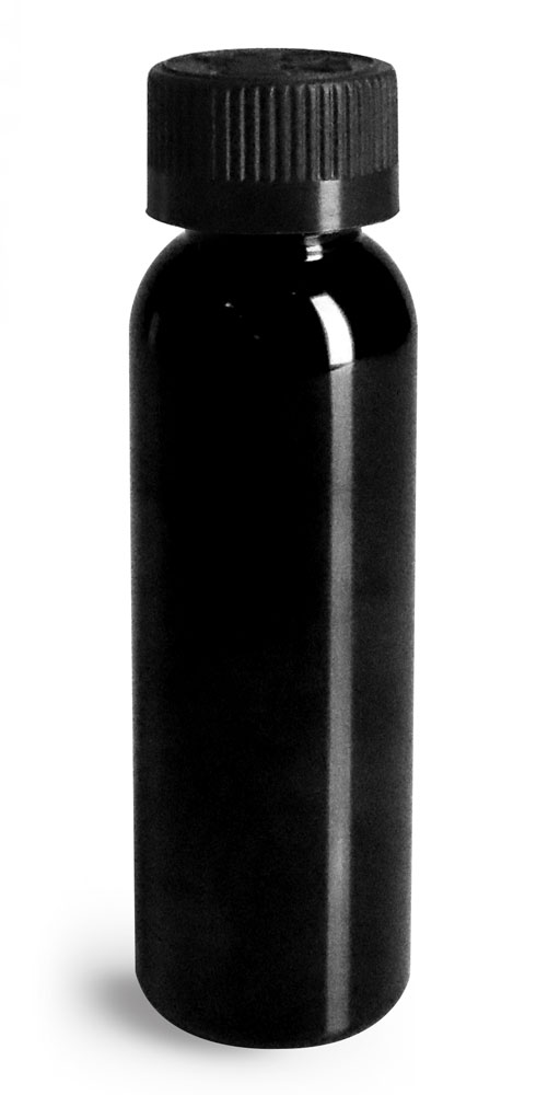 2 oz Plastic Bottles, Black PET Cosmo Round Bottles w/ Black Child Resistant Caps
