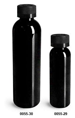 Plastic Bottles, Black PET Cosmo Round Bottles w/ Black Child Resistant Caps