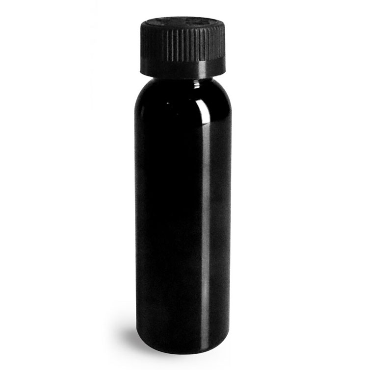 2 oz Plastic Bottles, Black PET Cosmo Round Bottles w/ Black Child Resistant Caps