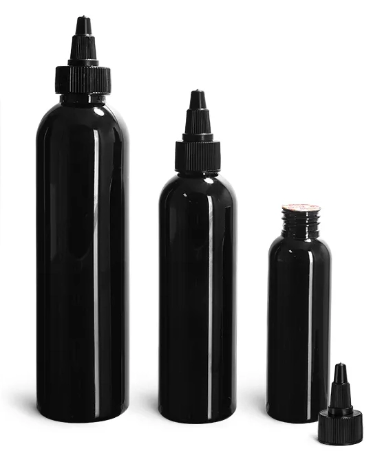 PET  Black Cosmo Round Bottles w/ Black Induction Lined Twist Top Caps
