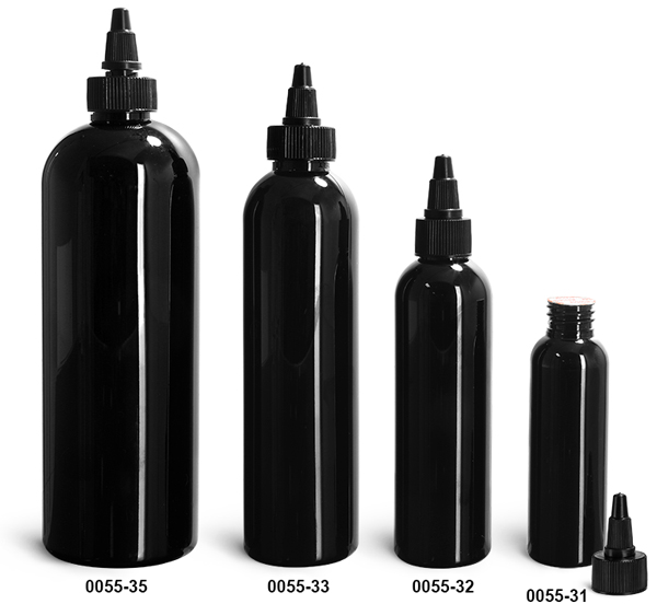Plastic Bottles, Black PET Cosmo Round Bottles w/ Black Induction Lined Twist Top Caps