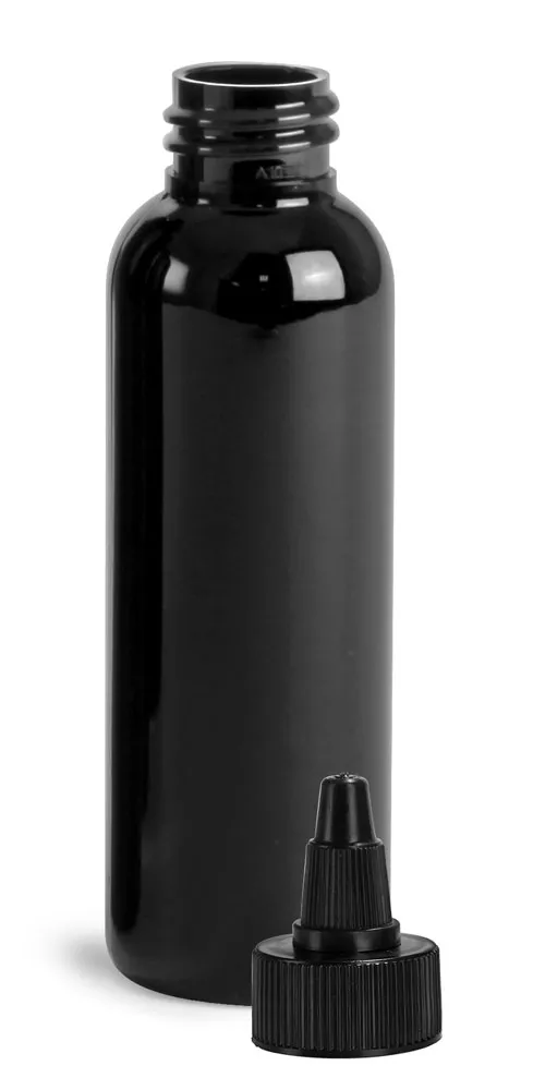 2 oz Plastic Bottles, Black PET Cosmo Rounds w/ Black Induction Lined Twist Top Caps