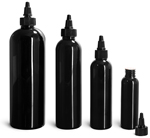 PET Plastic Bottles, Black Cosmo Round Bottles w/ Black Induction Lined Twist Top Caps