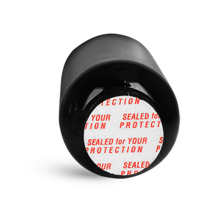 PET Plastic Bottles, Black Cosmo Round Bottles w/ Black Induction Lined Twist Top Caps