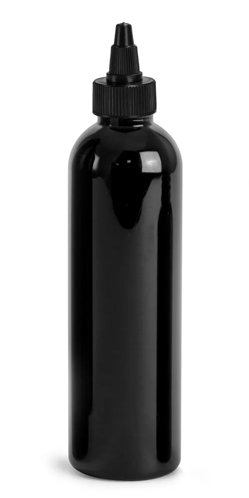 4 oz Plastic Bottles, Black PET Cosmo Rounds w/ Black Induction Lined Twist Top Caps