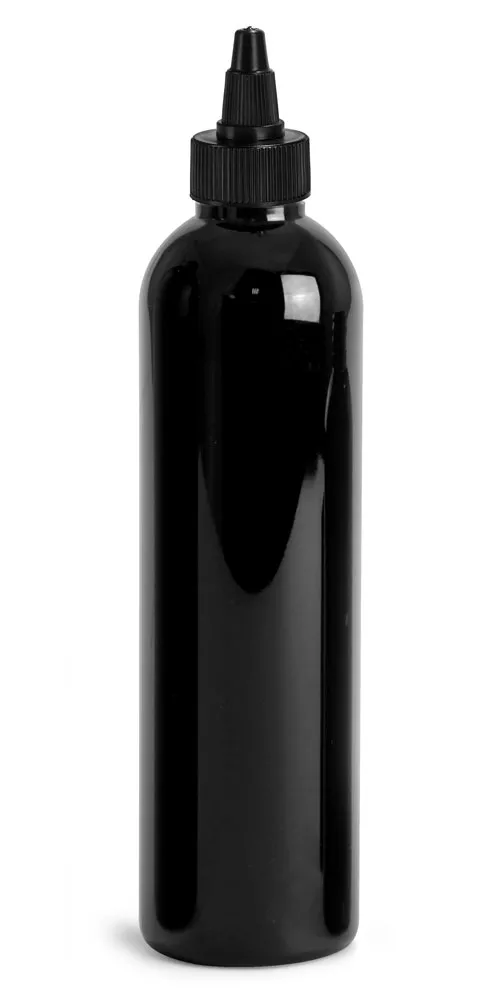 8 oz Plastic Bottles, Black PET Cosmo Rounds w/ Black Induction Lined Twist Top Caps