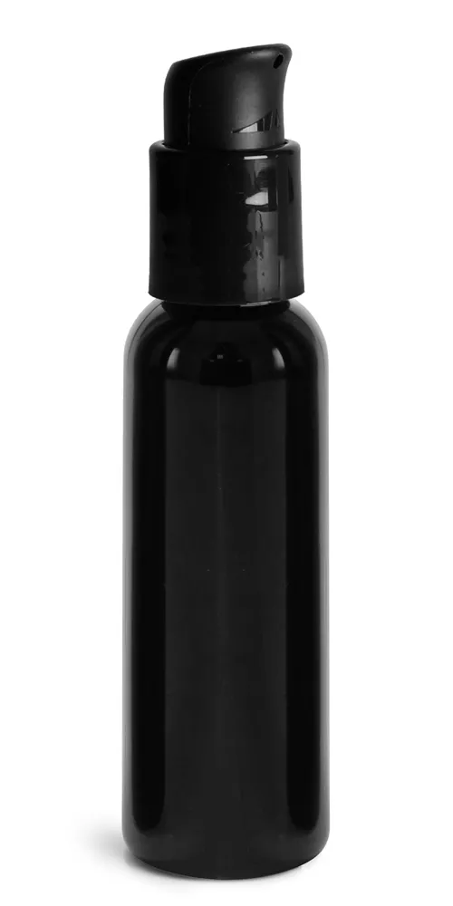 2 oz Black PET Cosmo Round Bottles w/ Black Treatment Pumps
