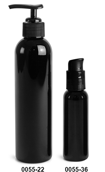 Plastic Bottles, Black PET Cosmo Round Bottles w/ Black Lotion Pumps