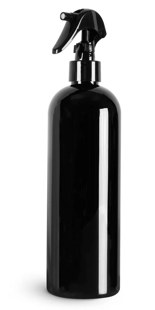 16 oz Black PET Cosmo Round Bottles w/ Black Polypropylene Mini Trigger Sprayers