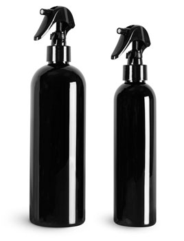 Plastic Bottles, Black PET Cosmo Round Bottles w/ Black Mini Trigger Sprayers
