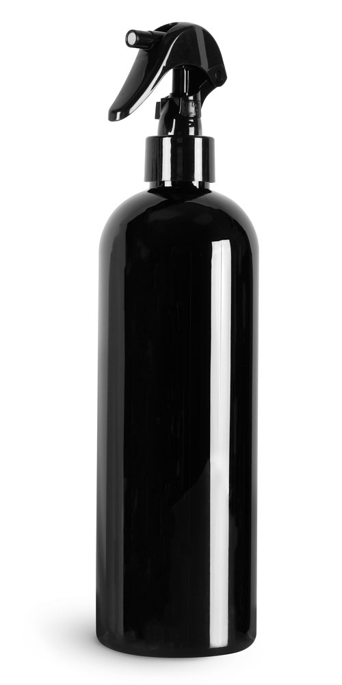 
8 oz Black PET Cosmo Round Bottles w/ Black Polypropylene Mini Trigger Sprayers