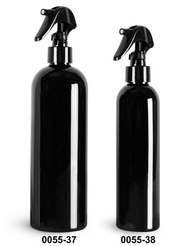 Plastic Bottles, Black PET Cosmo Round Bottles w/ Black Mini Trigger Sprayers