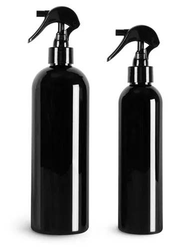 16 oz Black PET Cosmo Round Bottles w/ Black Polypropylene Mini Trigger Sprayers