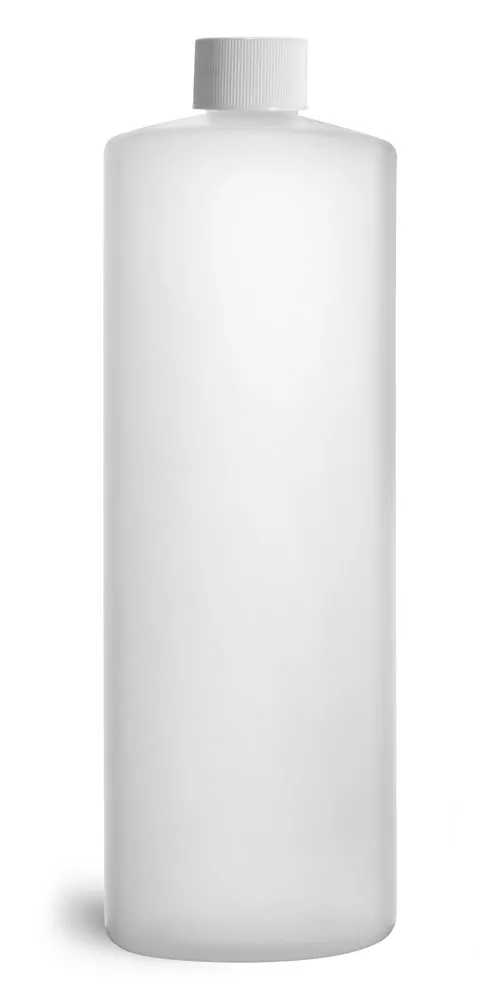 32 oz Natural HDPE Cylinder Round Bottles w/ White Lined Screw Caps