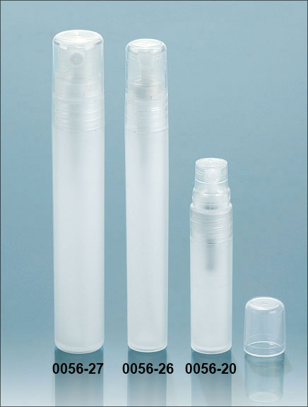 Plastic Vials, Natural Frosted Polypropylene Mini Cylinders w/ Natural Fine Mist Sprayers and Overcaps