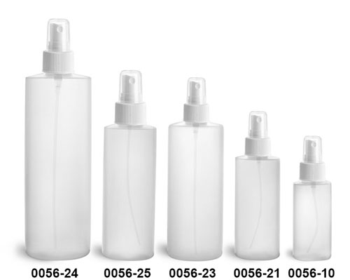 Plastic Bottles, Natural HDPE Cylinders w/ White Fine Mist Sprayers