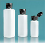 HDPE Plastic Bottles, Natural Cylinder Bottles w/ Black Ribbed Snap Caps